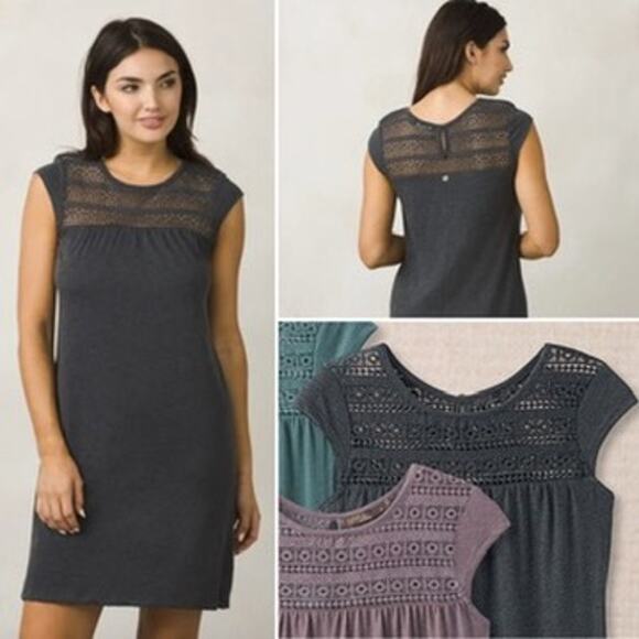 PrAna Organic Cotton Gray Scoop Neck Cap Sleeve Lace Insert Day Dream Dress XL - Picture 1 of 10
